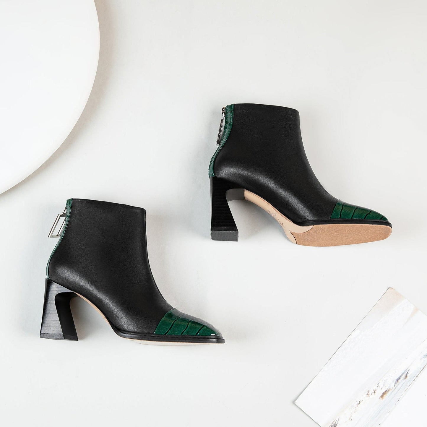 Nine Seven Women's Genuine Leather Handmade High Spool Heel Back Zip Up Patent Square Toe Retro Ankle Boots