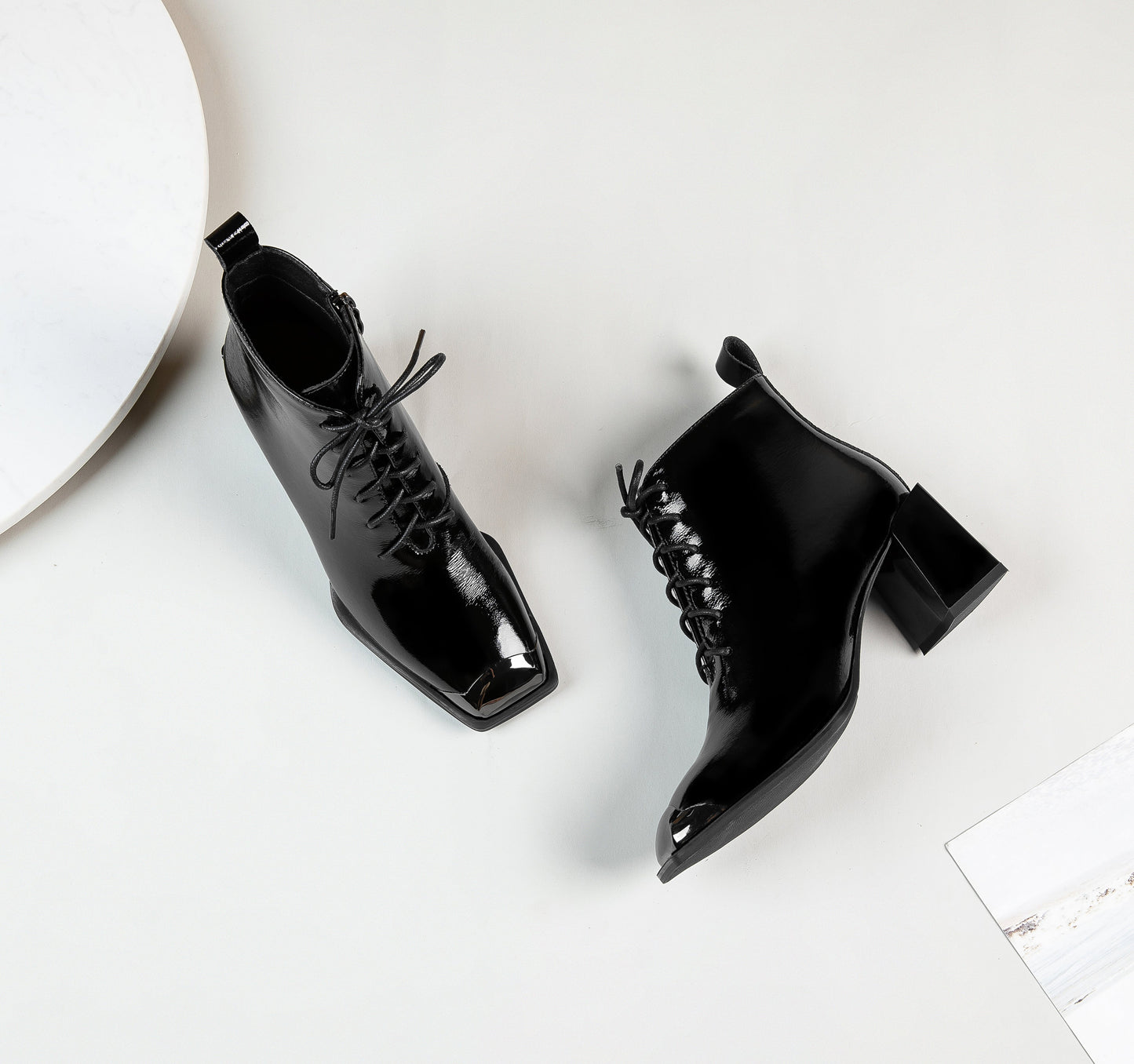 Nine Seven Women's Handmade Patent Leather Classic Square Toe Mid Block Heel Side Zip Lace Up Stylish Ankle Boots