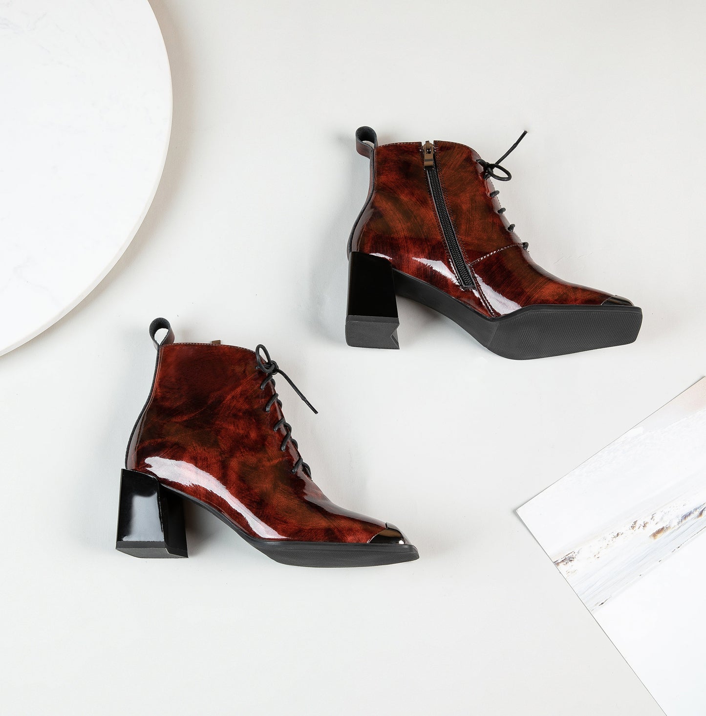 Nine Seven Women's Handmade Patent Leather Classic Square Toe Mid Block Heel Side Zip Lace Up Stylish Ankle Boots