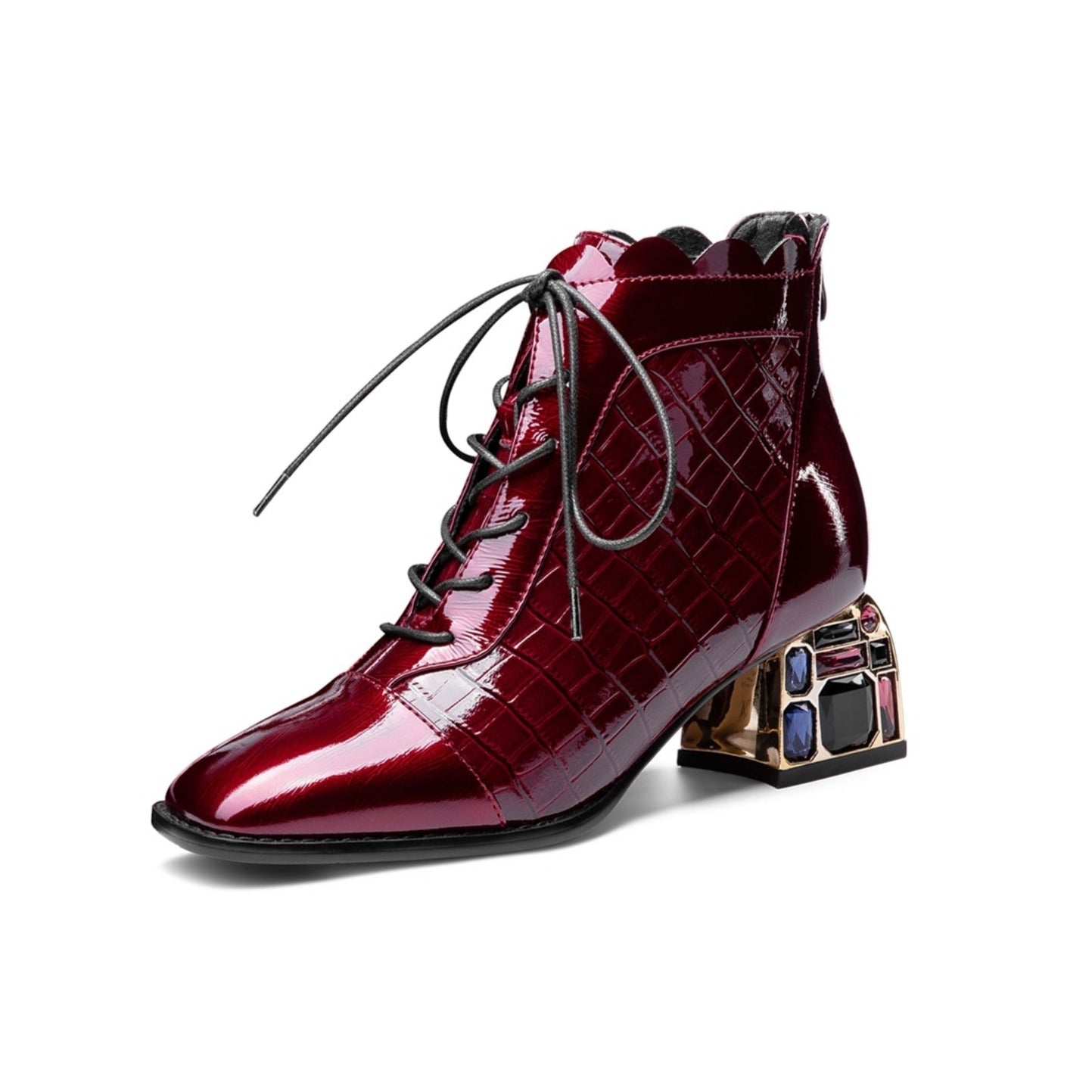 Nine Seven Women's Glossy Patent Leather Handmade Colorful Crystal Mid Chunky Heel Round Toe Back Zipper Ankle Boots with Selftie