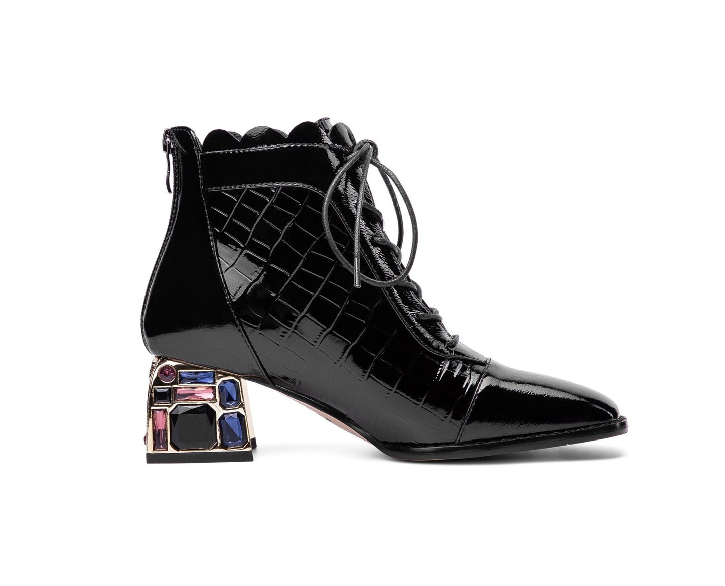 Nine Seven Women's Glossy Patent Leather Handmade Colorful Crystal Mid Chunky Heel Round Toe Back Zipper Ankle Boots with Selftie