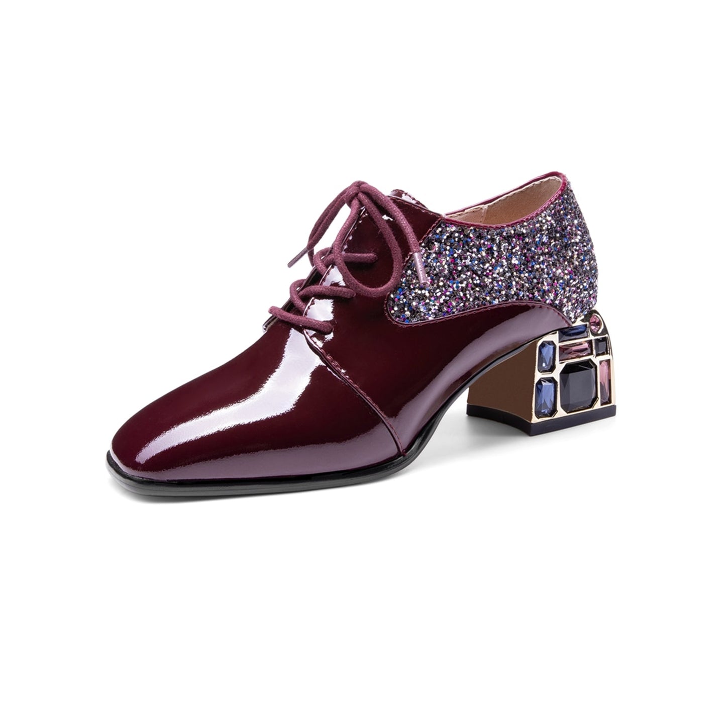Nine Seven Glossy Patent Leather Women's Handmade Classic Square Toe Crystal Mid Chunky Heel Lace Up Glitter Decor Pump Shoes