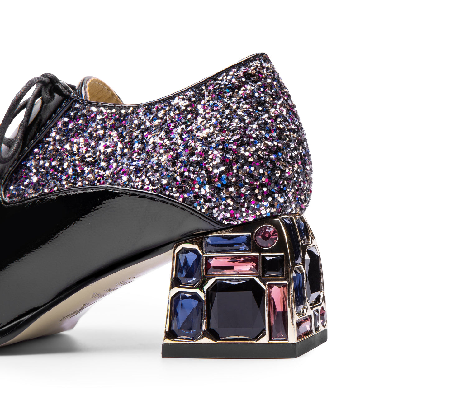 Nine Seven Glossy Patent Leather Women's Handmade Classic Square Toe Crystal Mid Chunky Heel Lace Up Glitter Decor Pump Shoes