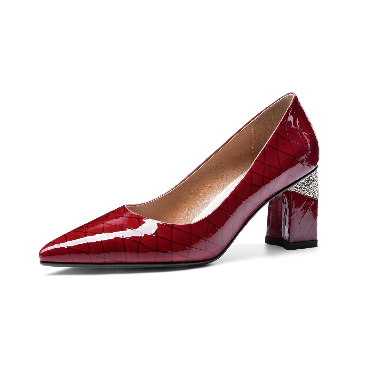 Nine Seven Women's Glossy Patent Leather Handmade Clear Pointed Toe Mid Chunky Heel Slip On Modern Pumps with Attractive Pattern