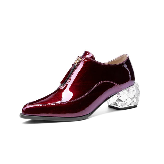 Nine Seven Women's Glossy Patent Leather Handmade Clear Pointed Toe Chunky Heel Front Zip Pumps