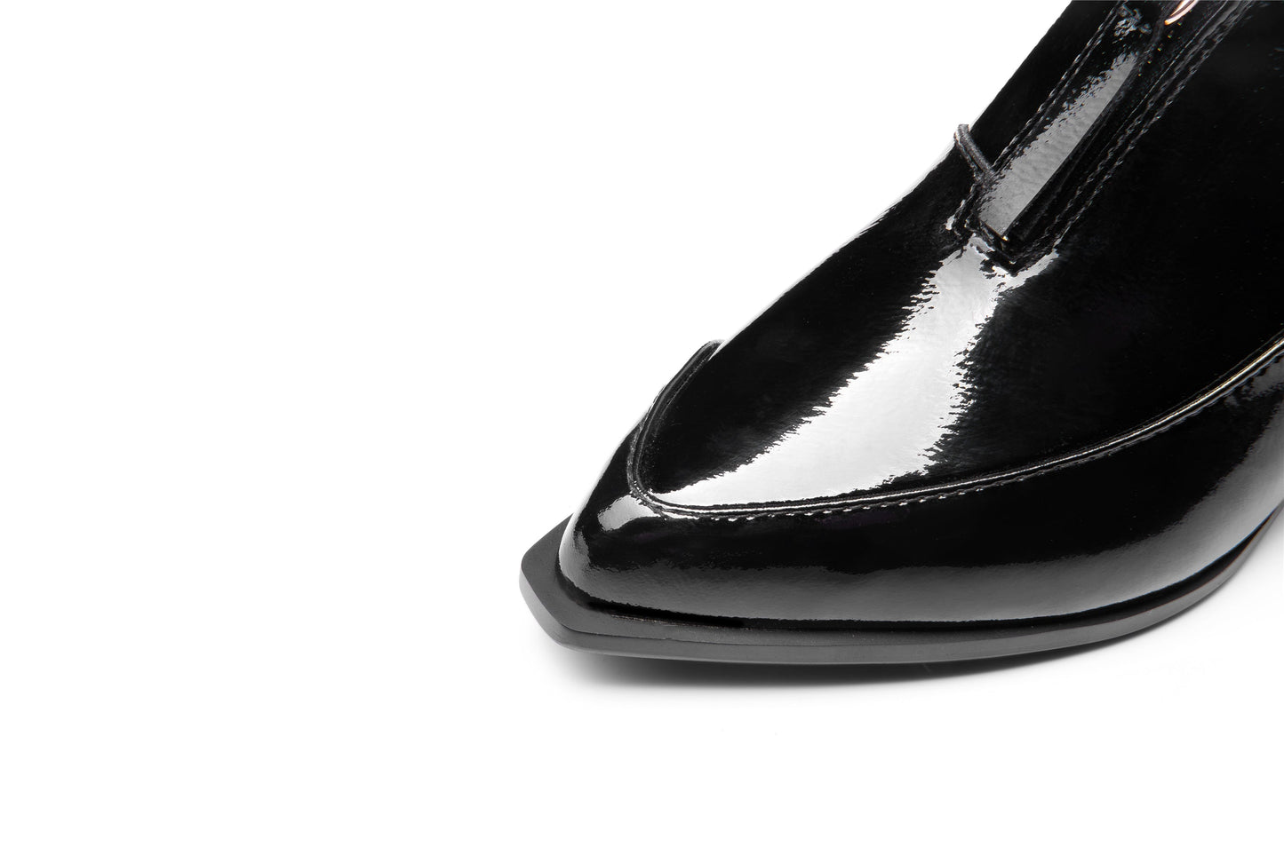 Nine Seven Women's Glossy Patent Leather Handmade Clear Pointed Toe Chunky Heel Front Zip Pumps