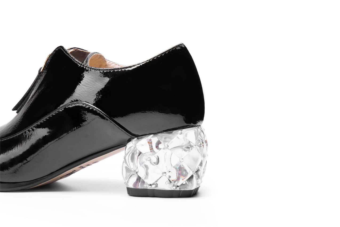 Nine Seven Women's Glossy Patent Leather Handmade Clear Pointed Toe Chunky Heel Front Zip Pumps