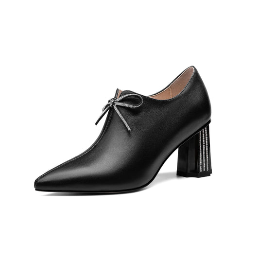 Nine Seven Women's Genuine Leather Handmade Glitter Mid Chunky Heel Pointed Toe Stylish Side Zip Pump Shoes with Bowtie