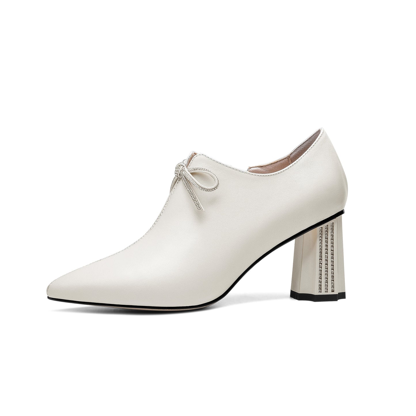 Nine Seven Women's Genuine Leather Handmade Glitter Mid Chunky Heel Pointed Toe Stylish Side Zip Pump Shoes with Bowtie