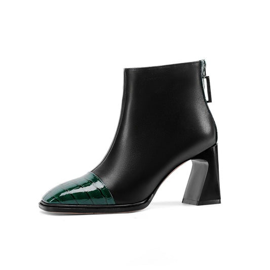 Nine Seven Women's Genuine Leather Handmade High Spool Heel Back Zip Up Patent Square Toe Retro Ankle Boots