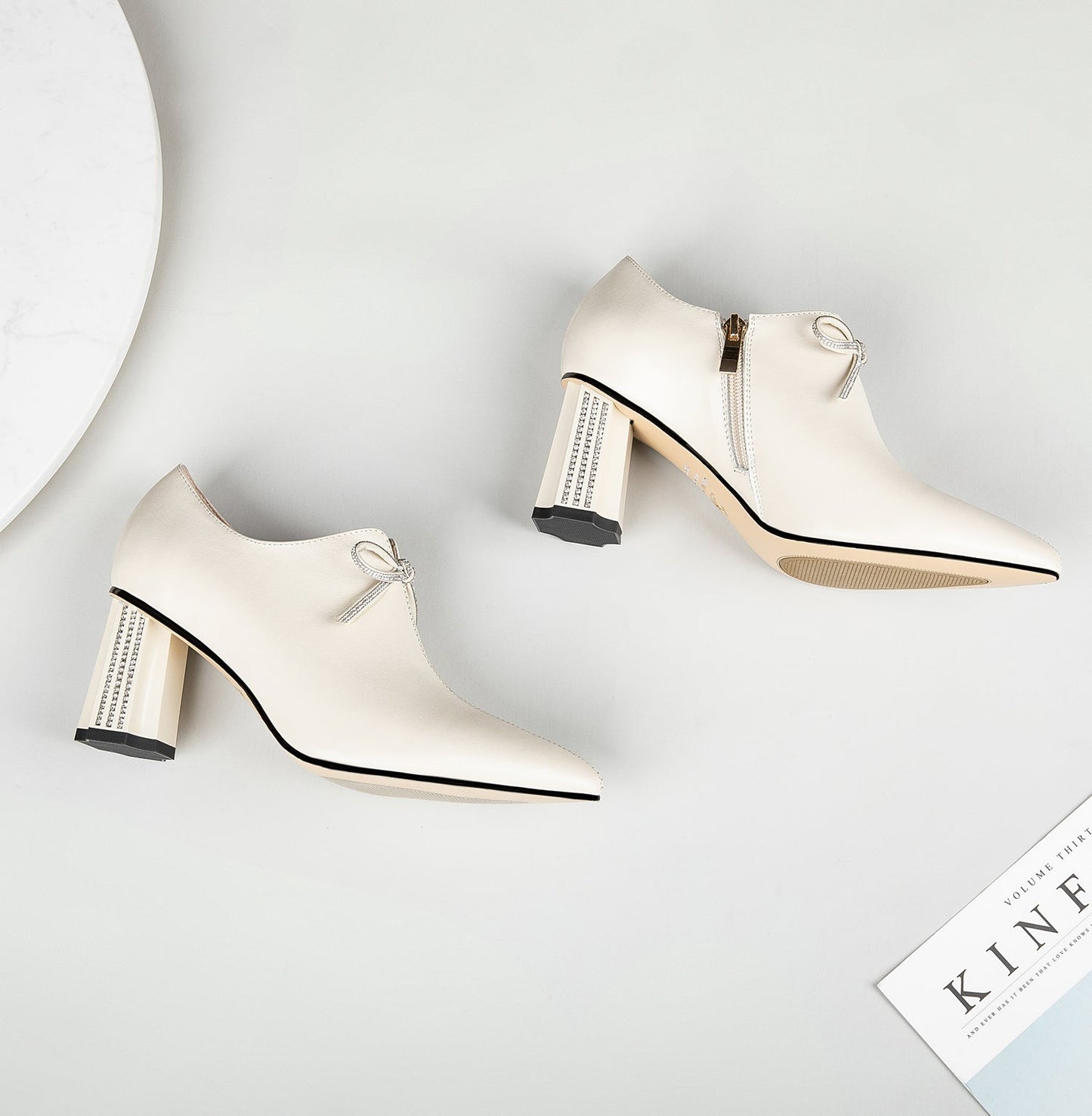 Nine Seven Women's Genuine Leather Handmade Glitter Mid Chunky Heel Pointed Toe Stylish Side Zip Pump Shoes with Bowtie