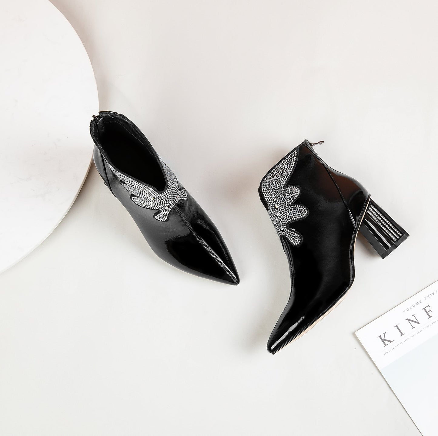 Nine Seven Women's Patent Leather Handmade Mid Chunky Heel Back Zipper Pointed Toe Plus-Size Ankle Boots With Glitter Rhinestones