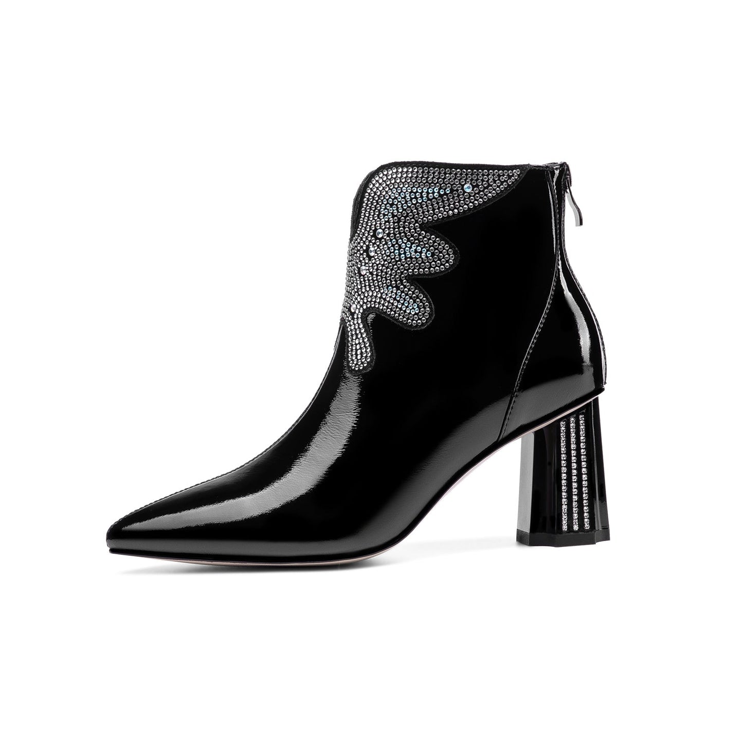 Nine Seven Women's Patent Leather Handmade Mid Chunky Heel Back Zipper Pointed Toe Plus-Size Ankle Boots With Glitter Rhinestones