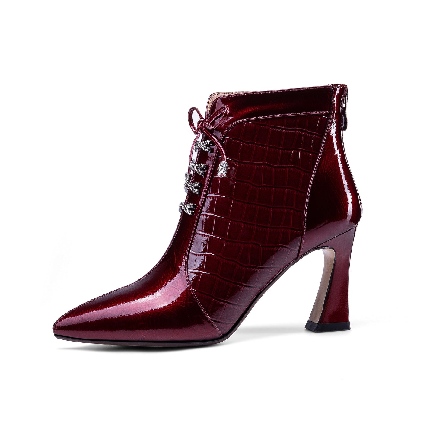 Nine Seven Women's Handmade Patent Leather Pointed Toe Sexy High Spool Heel Zip Up Plus-Size Ankle Booties with Bowtie