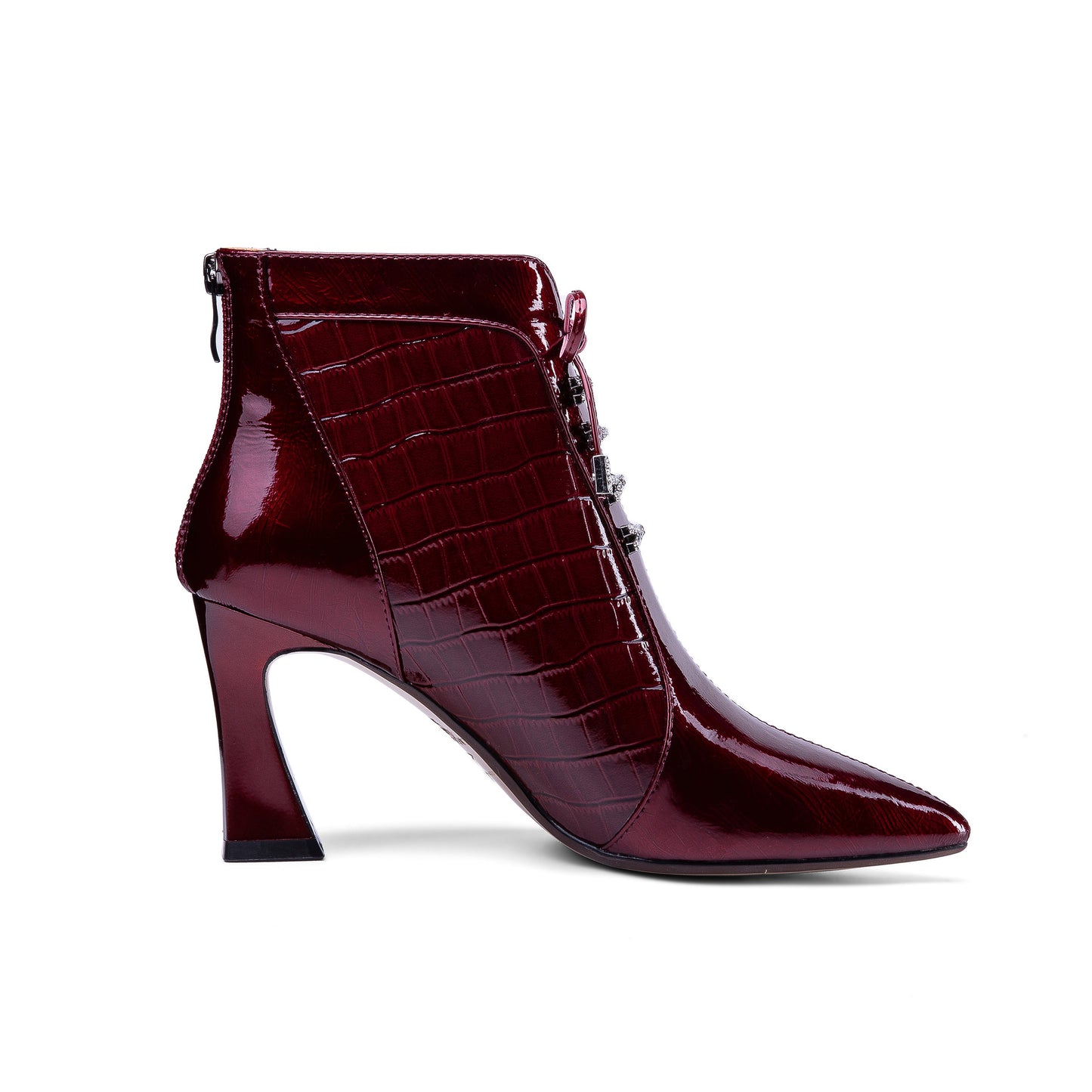 Nine Seven Women's Handmade Patent Leather Pointed Toe Sexy High Spool Heel Zip Up Plus-Size Ankle Booties with Bowtie