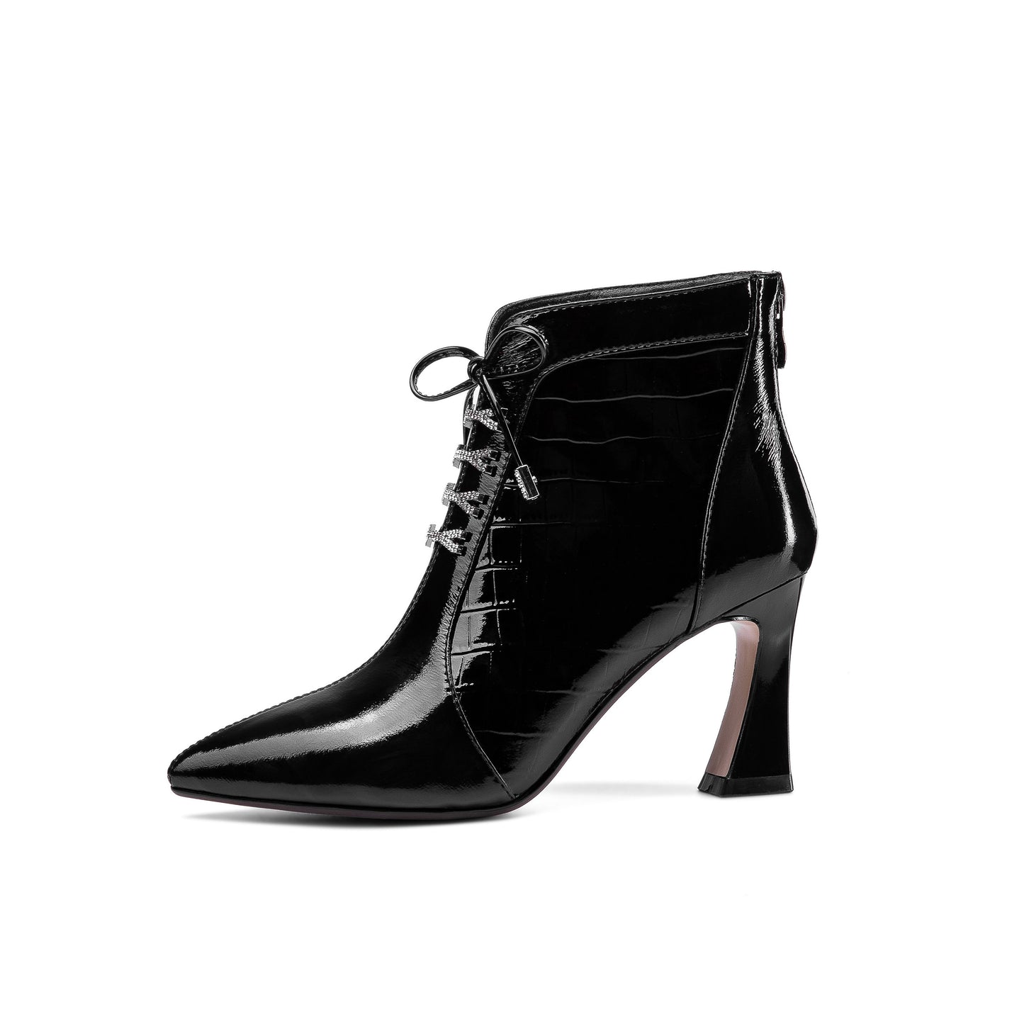 Nine Seven Women's Handmade Patent Leather Pointed Toe Sexy High Spool Heel Zip Up Plus-Size Ankle Booties with Bowtie