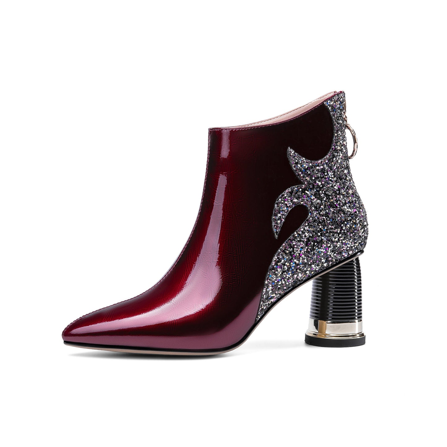 Nine Seven Women's Glossy Patent Leather Handmade Comfortable Block Heel Pointed Toe zip Up Ankle Booties with Glitter Pattern