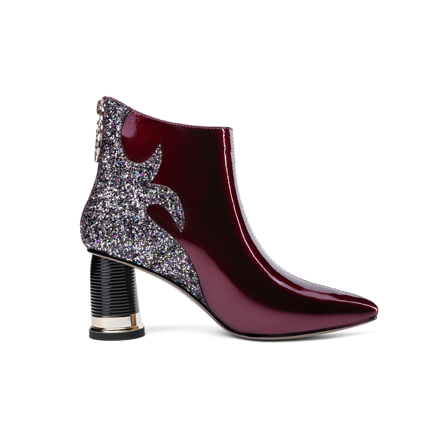Nine Seven Women's Glossy Patent Leather Handmade Comfortable Block Heel Pointed Toe zip Up Ankle Booties with Glitter Pattern