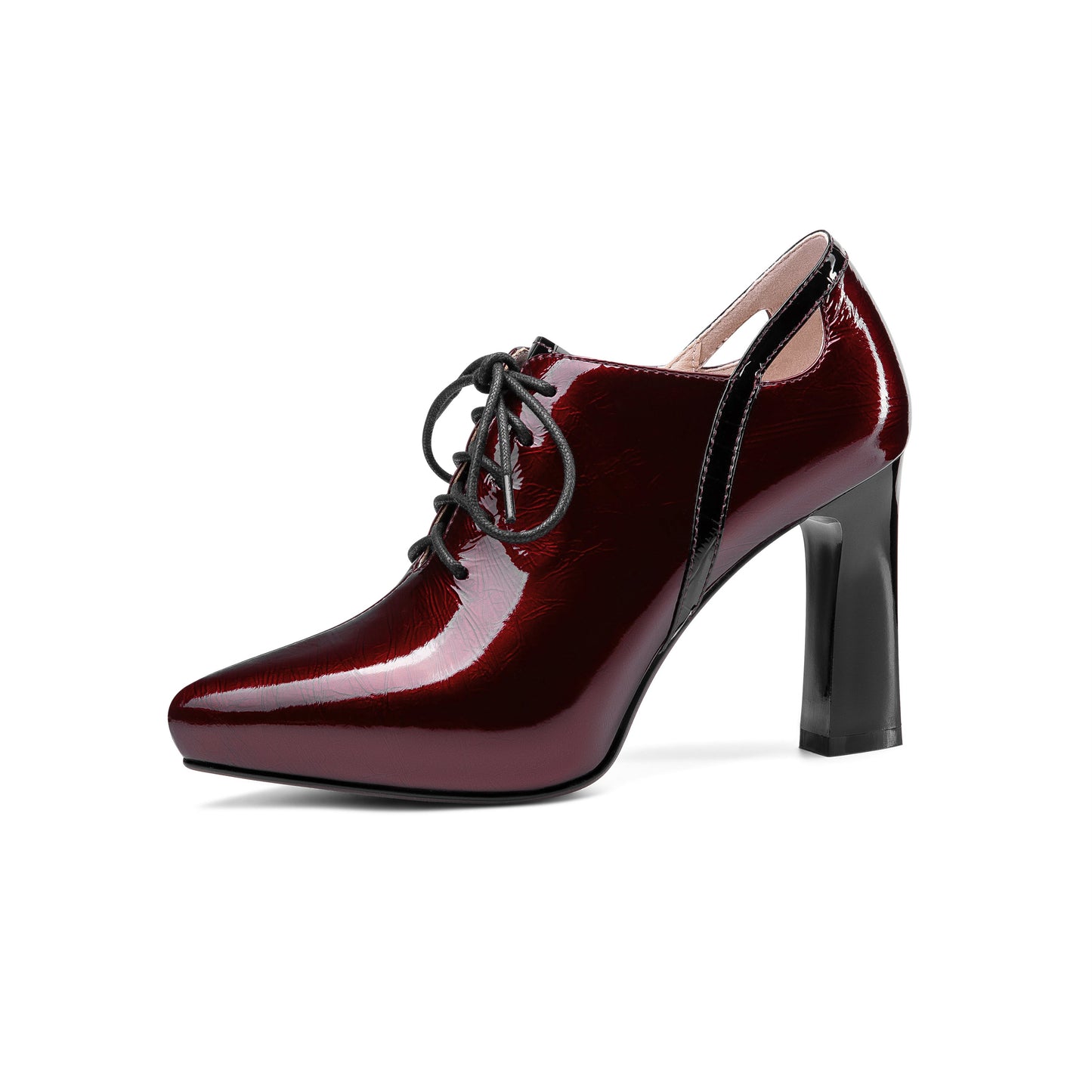 Nine Seven Women's Glossy Patent Leather Handmade Sexy High Chunky Heel Pointed Toe Lace Up Pump Shoes with Platform