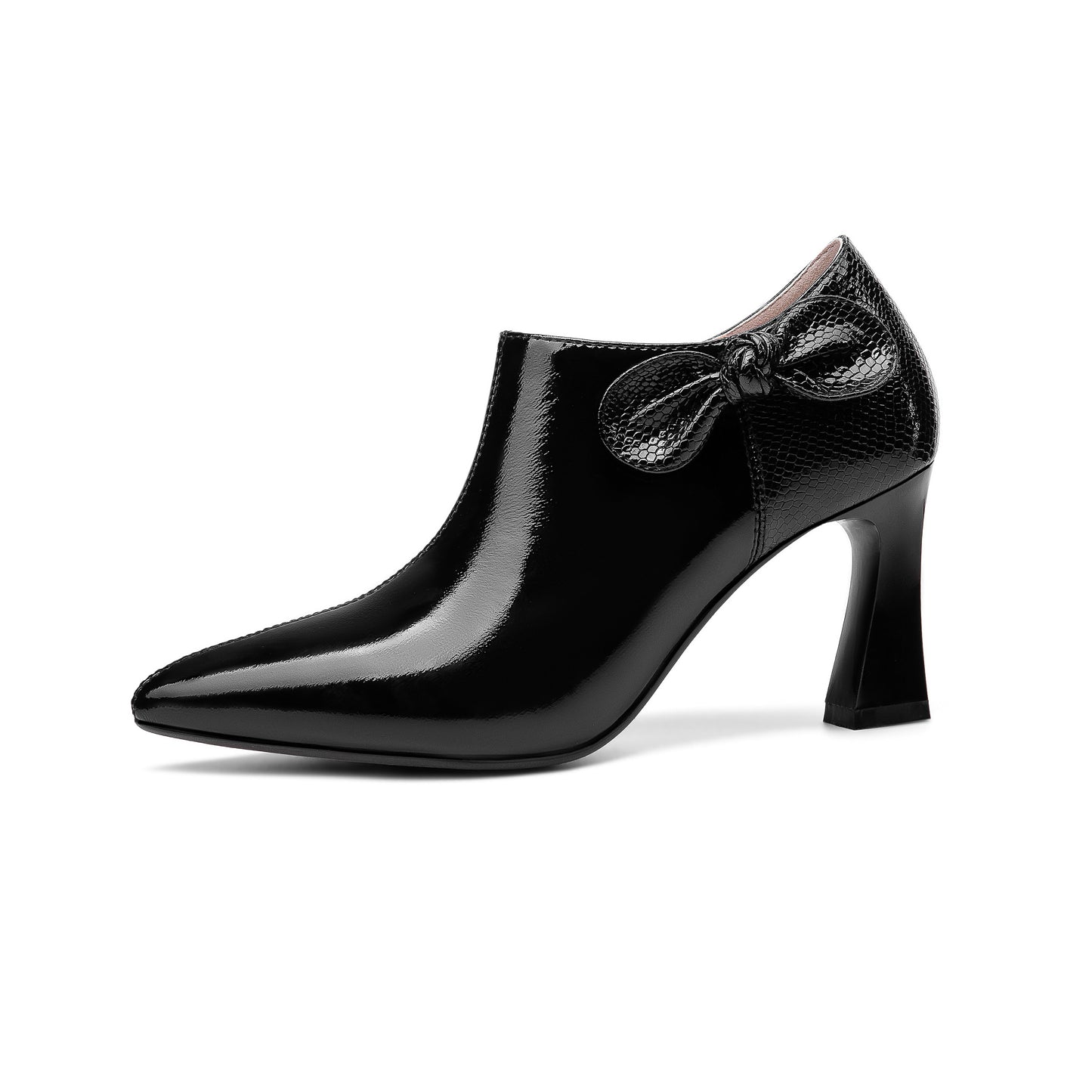 Nine Seven Women's Patent Leather Handmade Pointed Toe Side Zip Elegant High Chunky Heel Pumps with Cute Bow