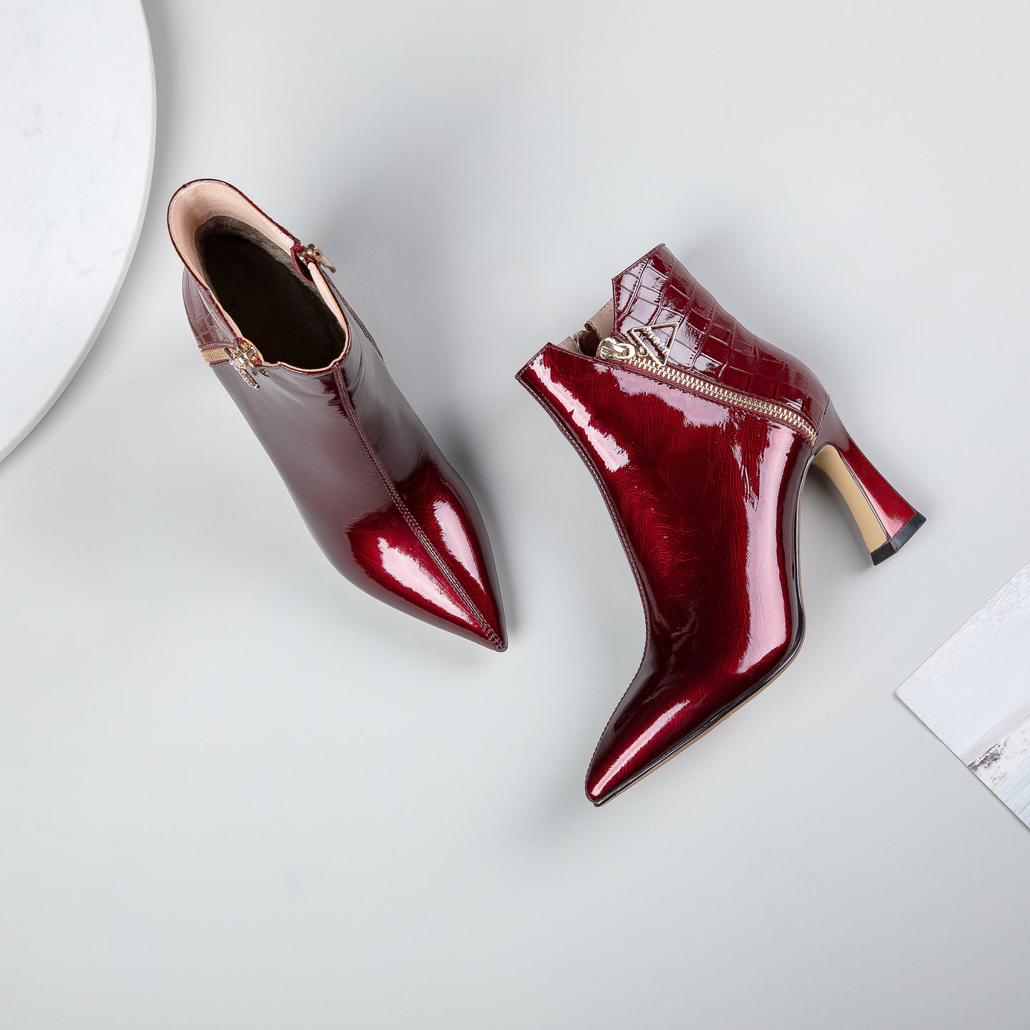 Nine Seven Women's Handmade Patent Leather Pointed Toe High Heel Side Zip Up Glossy Plus Size Ankle Booties