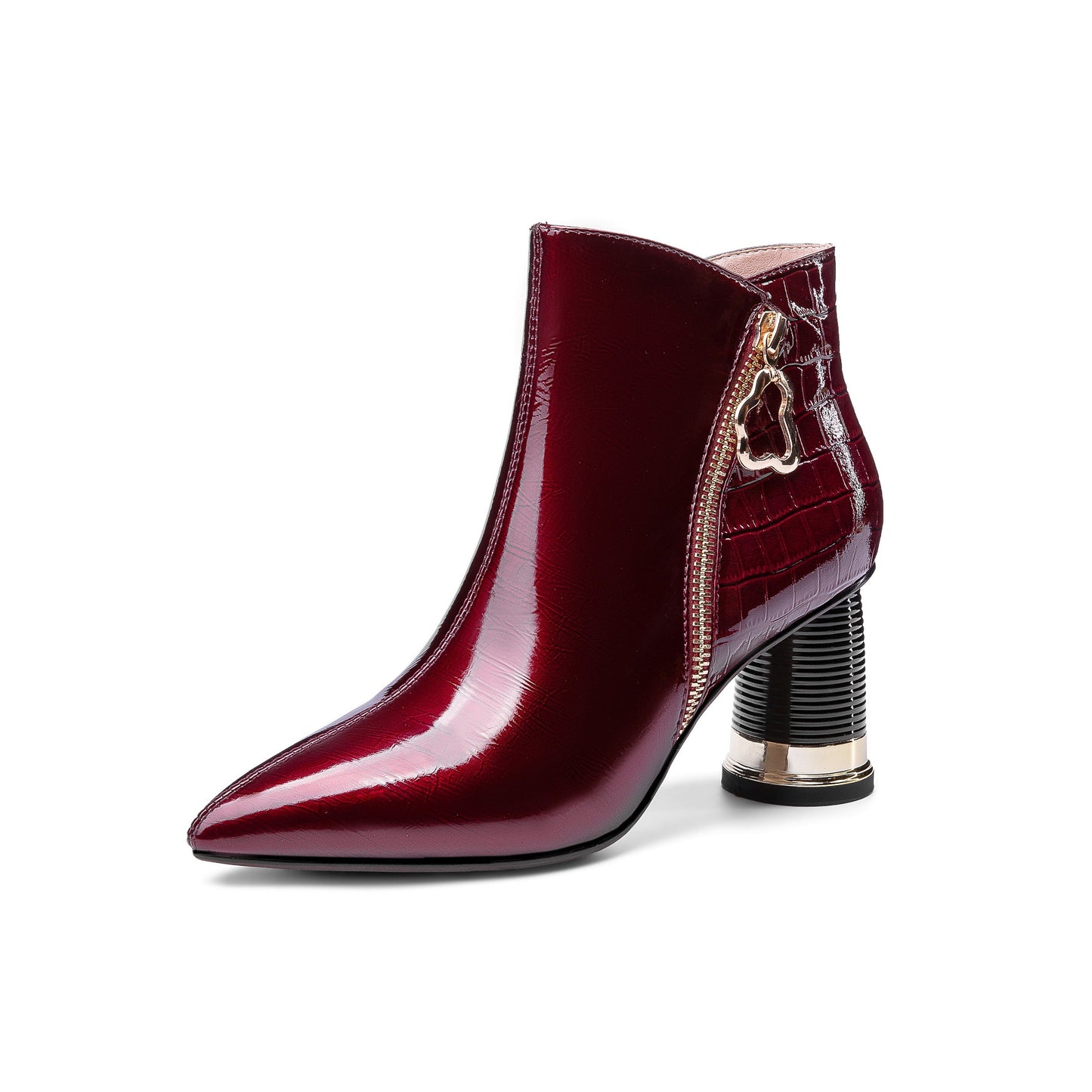 Nine Seven Women's Patent Leather Handmade Pointed Toe Side Zip Up Stylish Cylindrical Mid Heel Ankle Boots