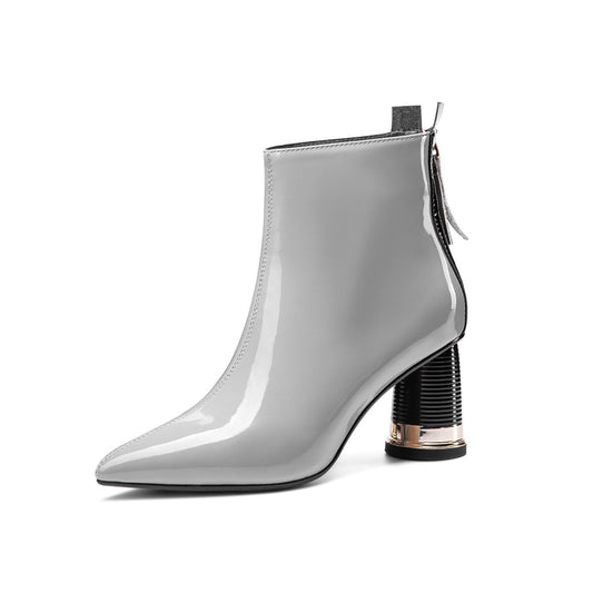 Nine Seven Women's Patent Leather Pointed Toe Handmade Back Zip Modern Mid Chunky Heel Ankle Boots