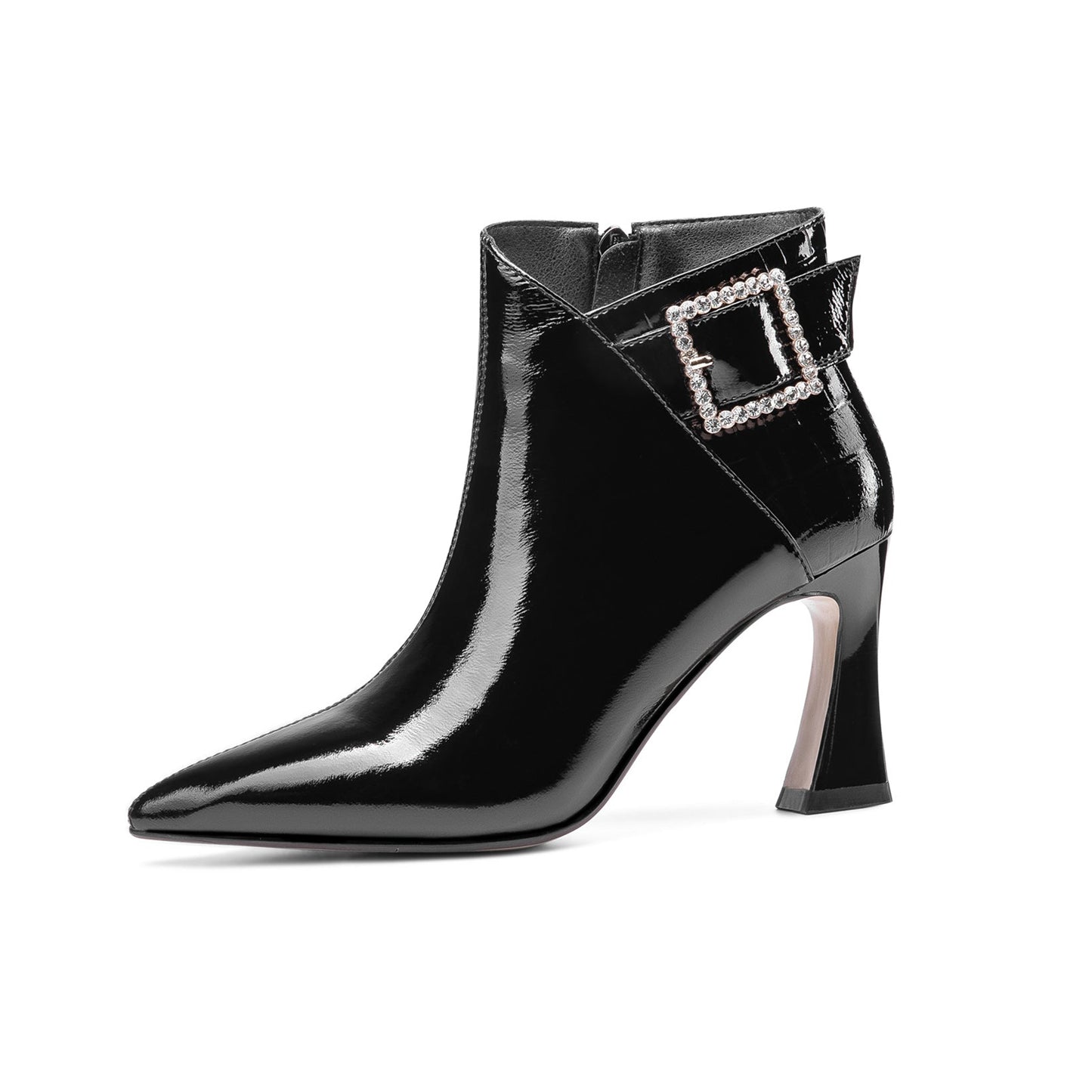 Nine Seven Women's Handmade Patent Leather Pointed Toe Sexy High Heel Side Zip Up Plus-Size Ankle Booties with Glitter Rhinestone Buckle