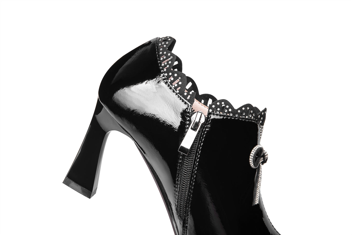 Nine Seven Women's Handmade Glossy Patent Leather Pointed Toe Mid Heel Side Zip Up Pump Shoes with Cute Bowtie