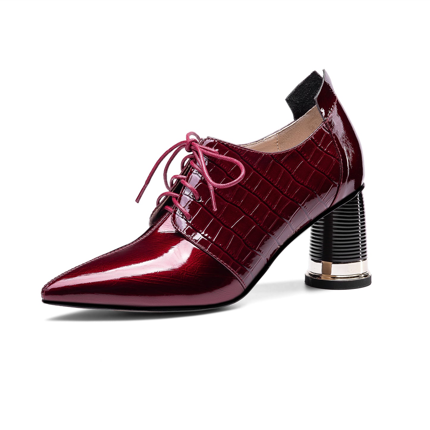 Nine Seven Women's Handmade Patent Leather Pointed Toe Mid Cylindrical Heel Lace Up Stylish Plus-Size Pump Shoes