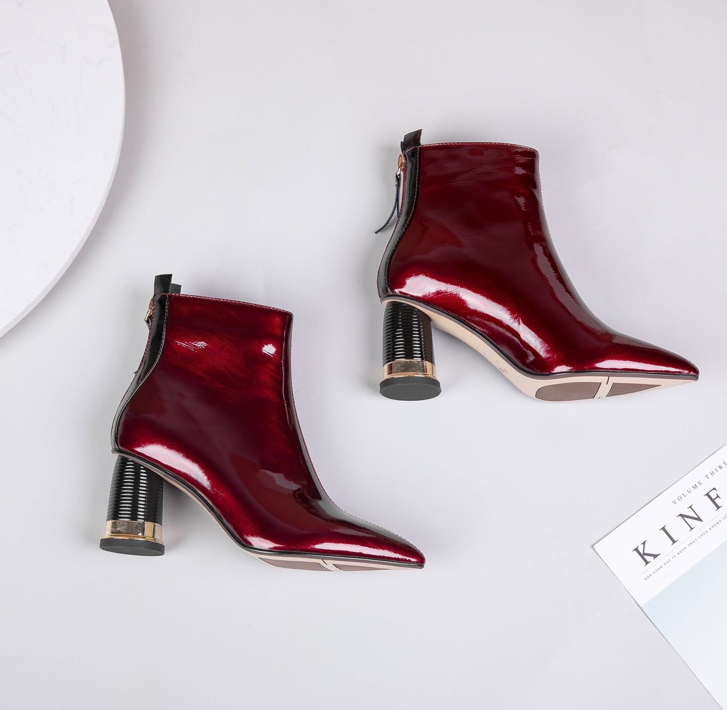 Nine Seven Women's Patent Leather Pointed Toe Handmade Back Zip Modern Mid Chunky Heel Ankle Boots