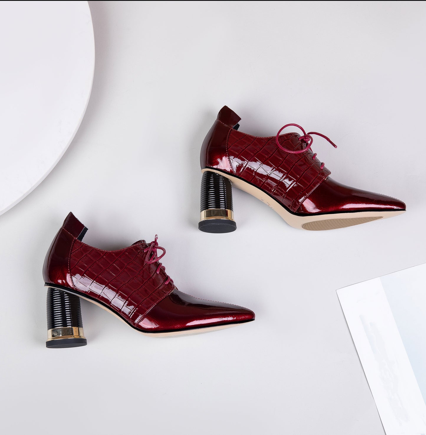 Nine Seven Women's Handmade Patent Leather Pointed Toe Mid Cylindrical Heel Lace Up Stylish Plus-Size Pump Shoes