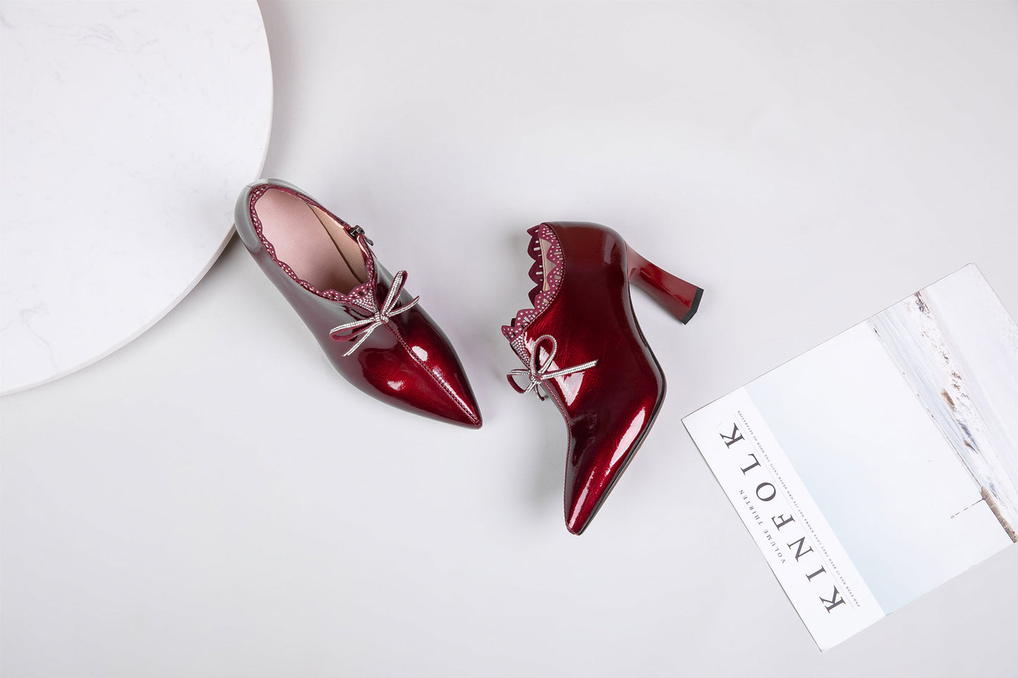 Nine Seven Women's Handmade Glossy Patent Leather Pointed Toe Mid Heel Side Zip Up Pump Shoes with Cute Bowtie