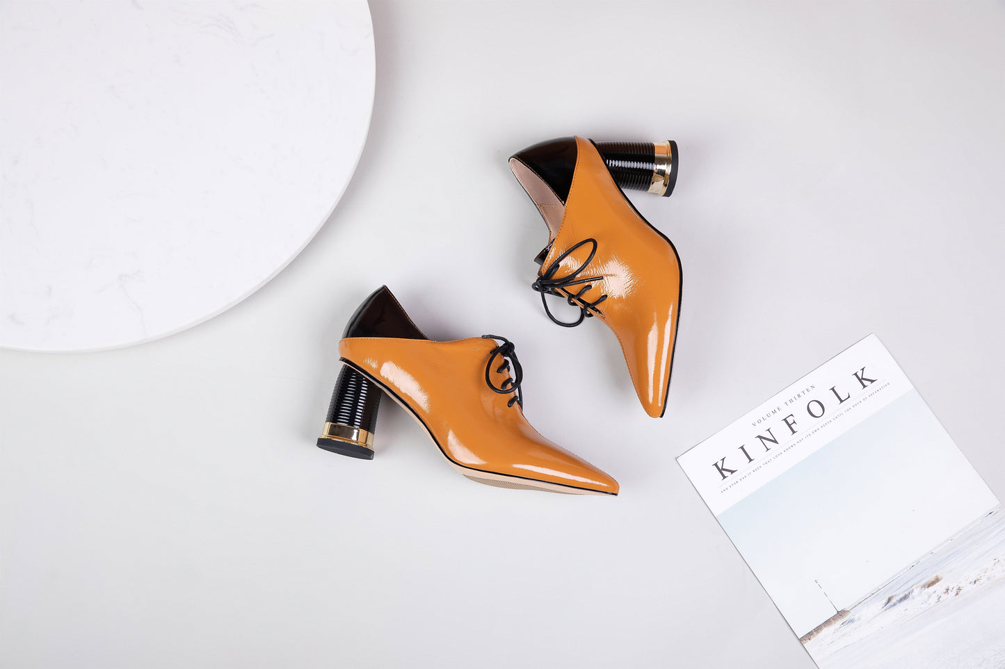 Nine Seven Women's Patent Leather Pointed Toe Handmade Selftie Mid Chunky Heel Casual Pumps Shoes