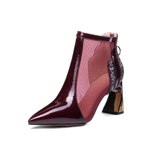 Nine Seven Women's Patent Leather Handmade Mesh Pointed Toe Back Zip Up High Spool Heel Elegant Glitter Summer Booties