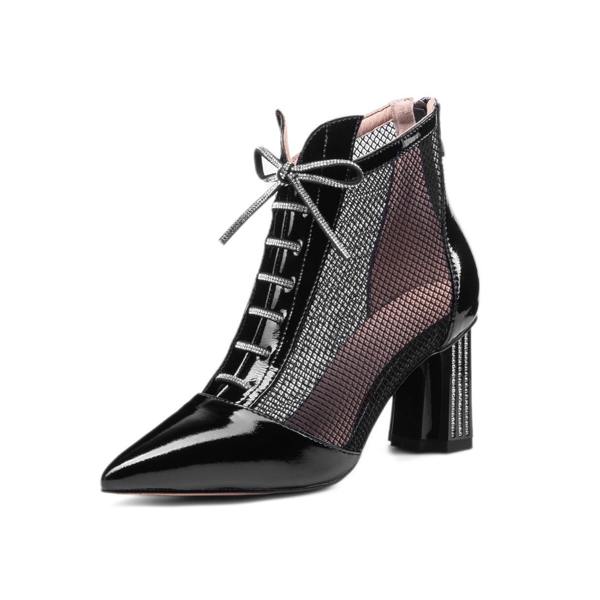 Nine Seven Women's Handmade Glossy Patent Leather Mesh Hollow Pointed Toe Back Zip Mid Chunky Heel Summer Boots