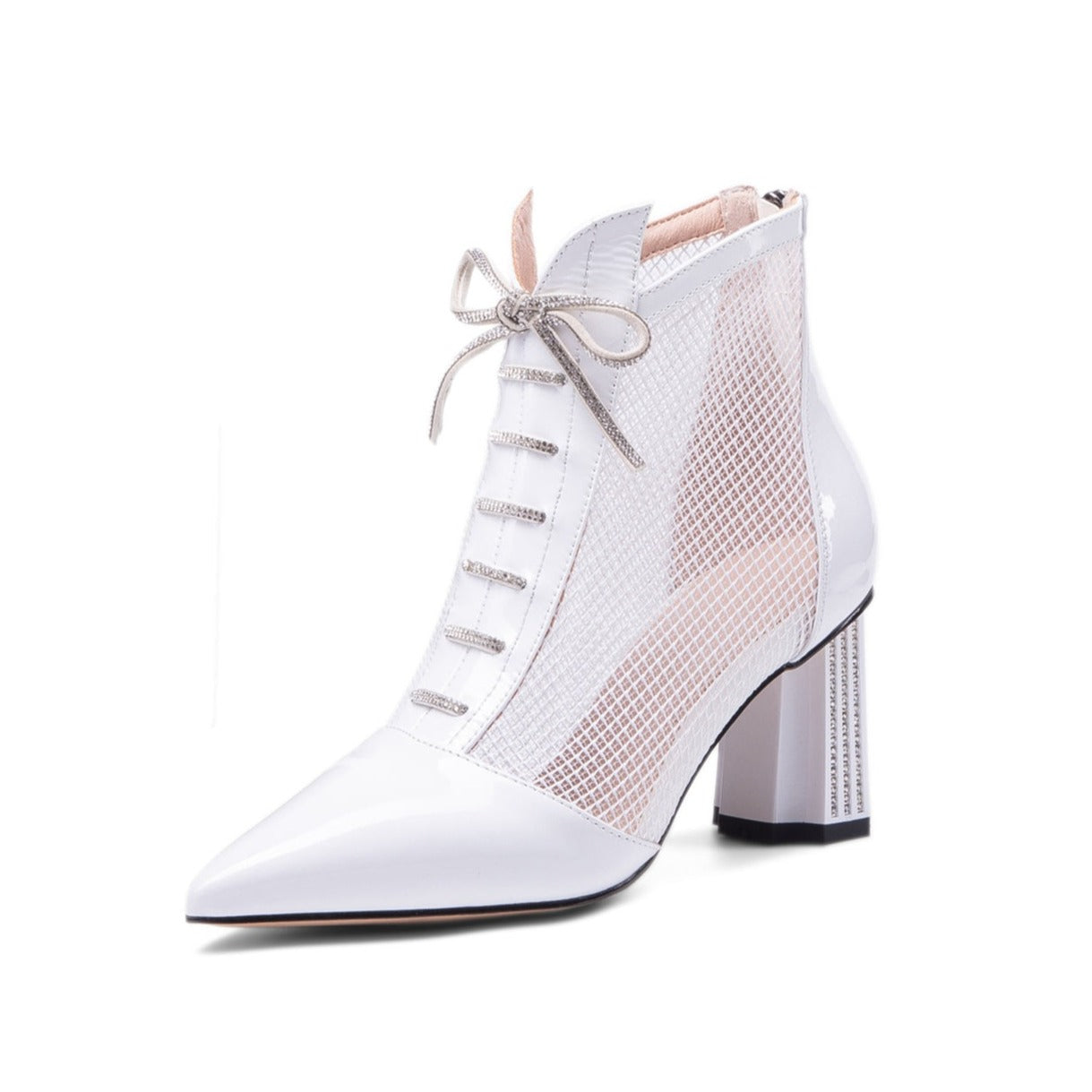 Nine Seven Women's Handmade Glossy Patent Leather Mesh Hollow Pointed Toe Back Zip Mid Chunky Heel Summer Boots