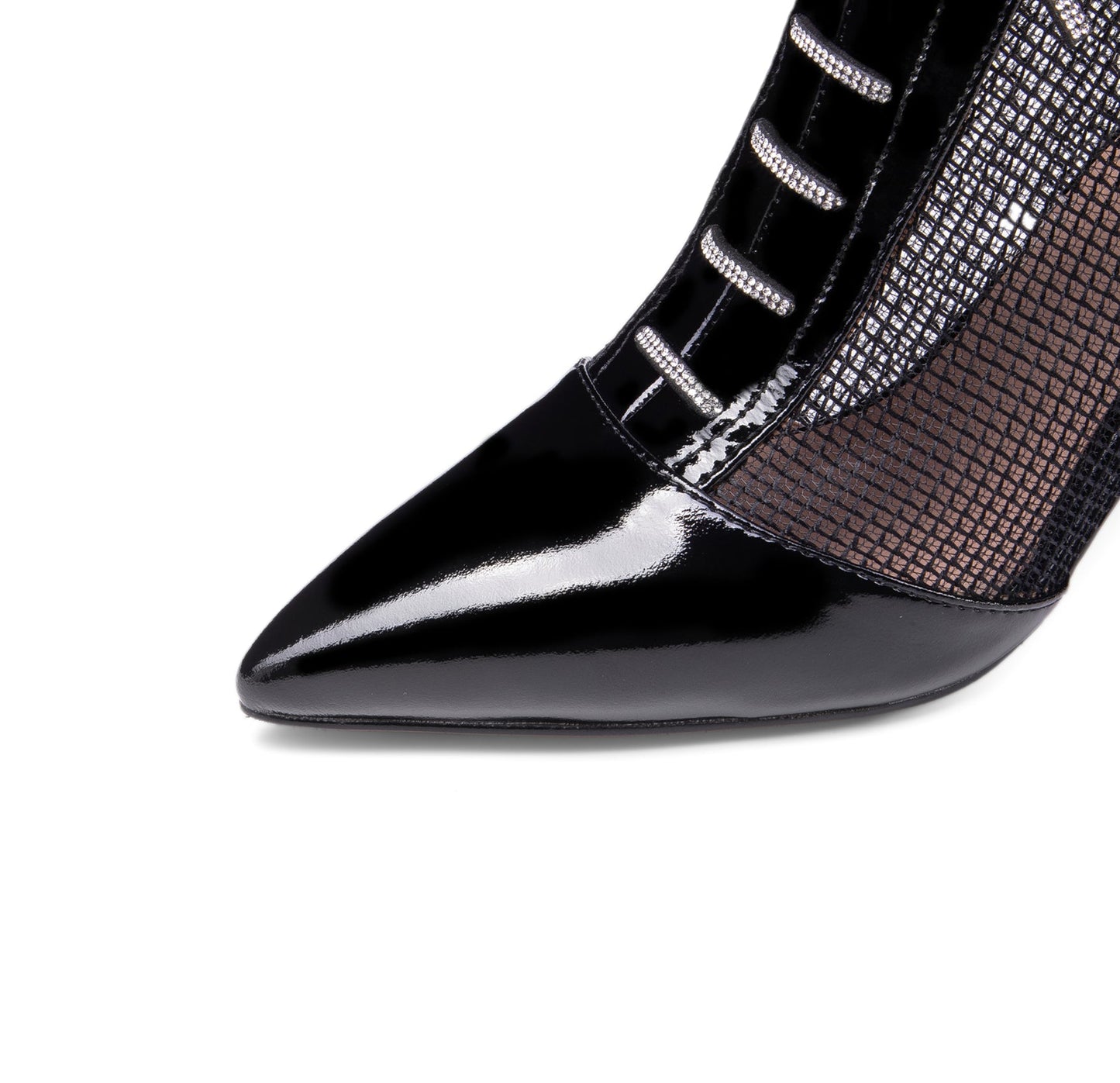 Nine Seven Women's Handmade Glossy Patent Leather Mesh Hollow Pointed Toe Back Zip Mid Chunky Heel Summer Boots