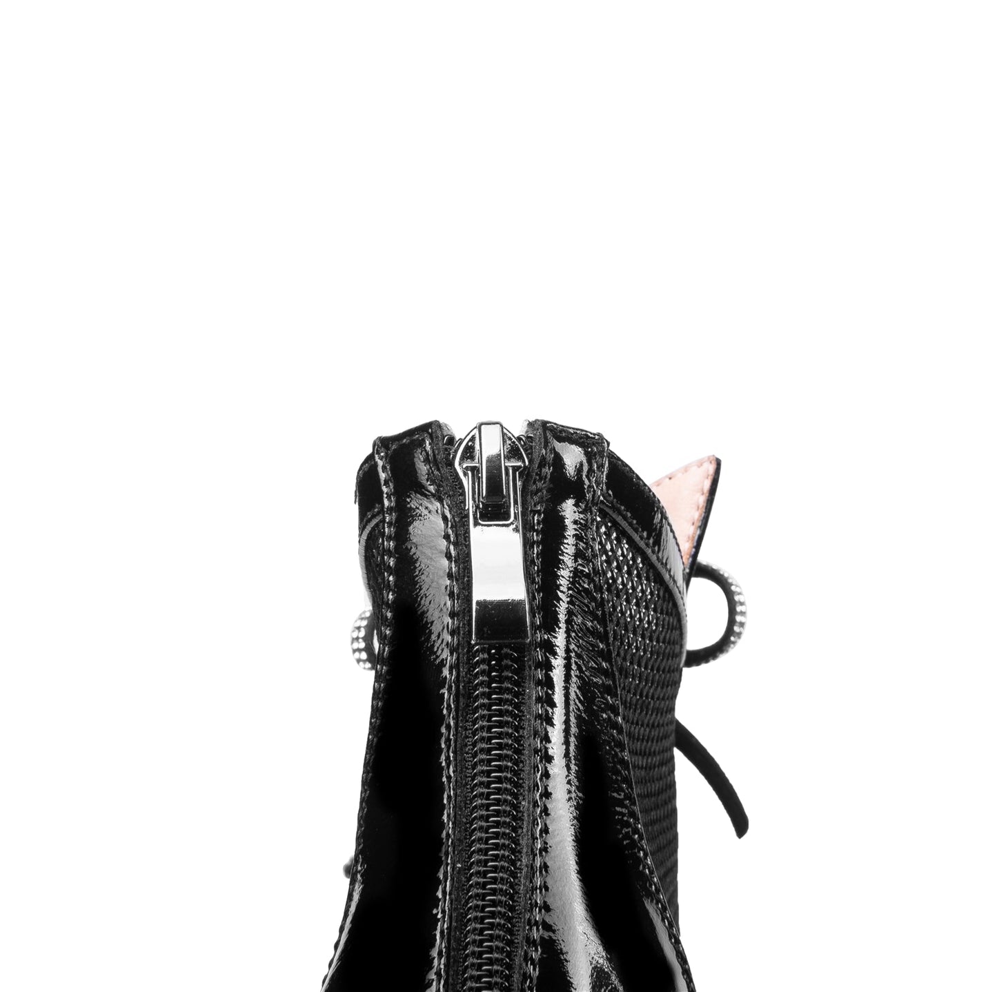 Nine Seven Women's Handmade Glossy Patent Leather Mesh Hollow Pointed Toe Back Zip Mid Chunky Heel Summer Boots