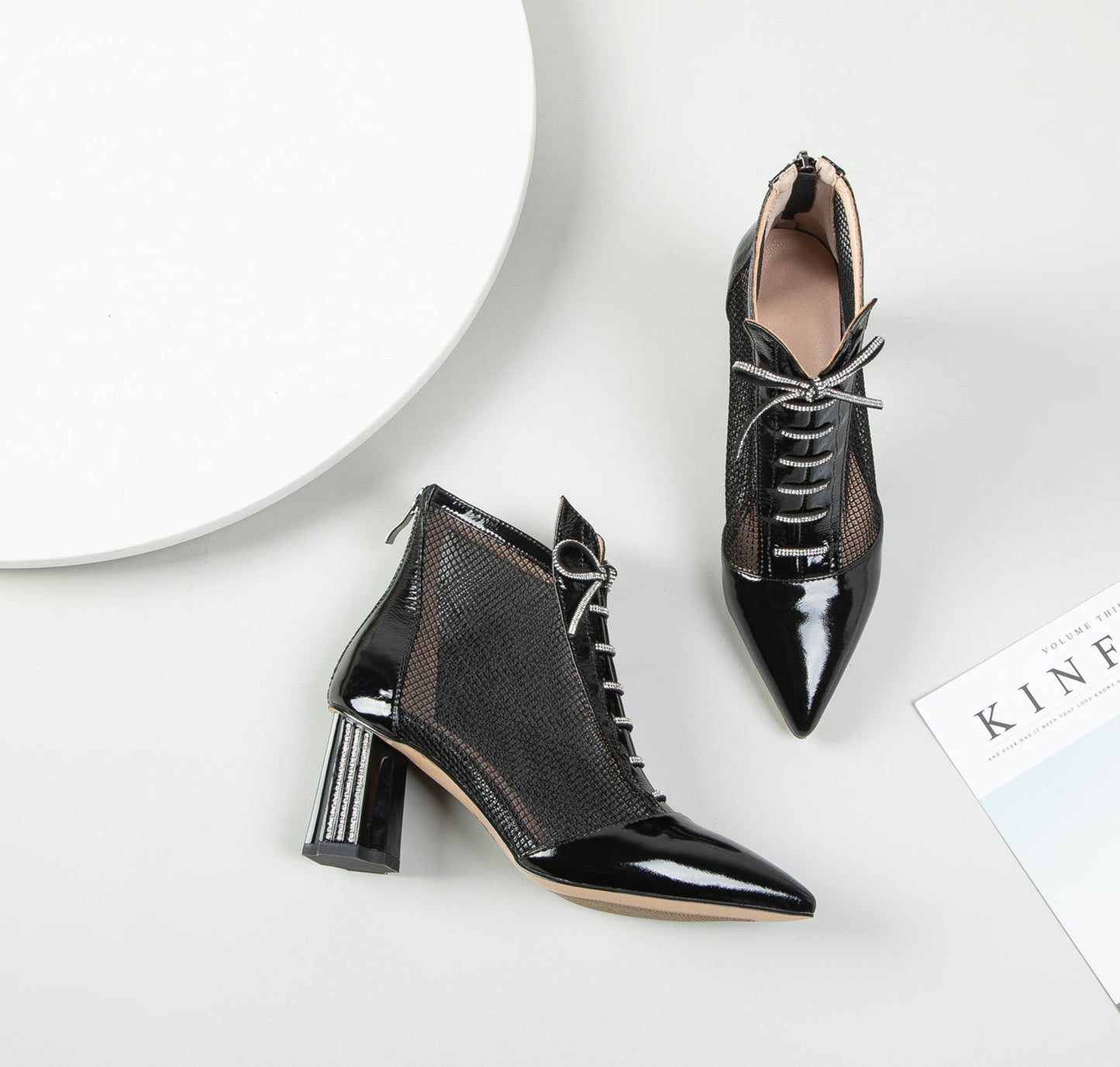 Nine Seven Women's Handmade Glossy Patent Leather Mesh Hollow Pointed Toe Back Zip Mid Chunky Heel Summer Boots