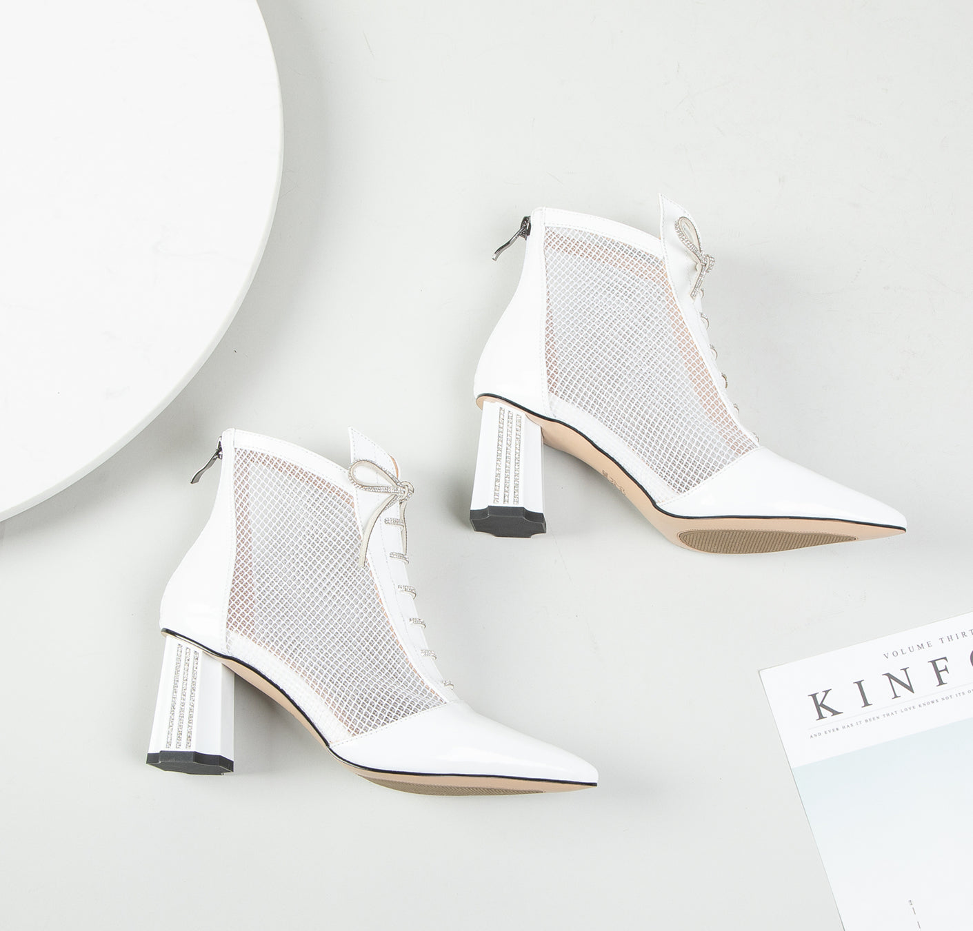 Nine Seven Women's Handmade Glossy Patent Leather Mesh Hollow Pointed Toe Back Zip Mid Chunky Heel Summer Boots