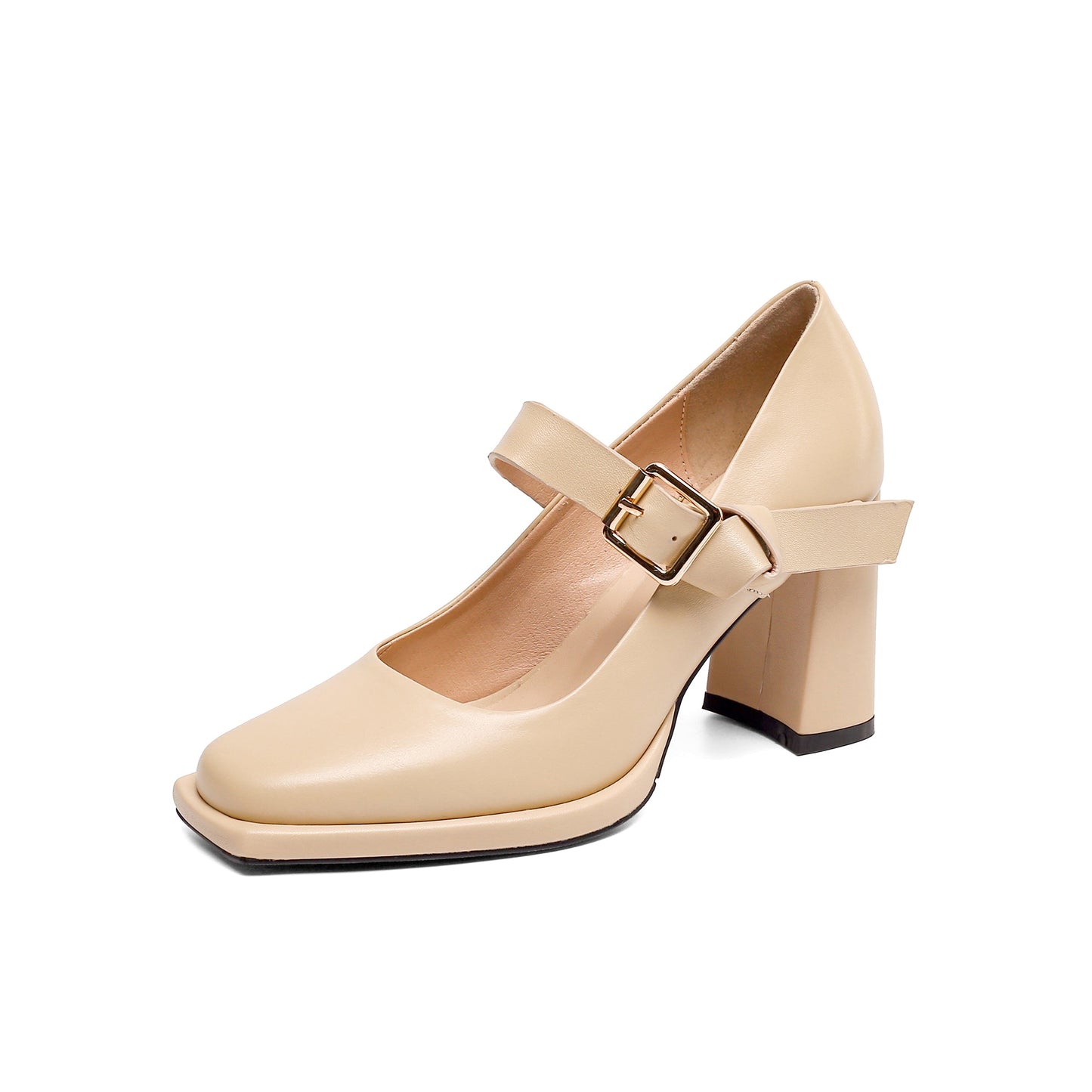 Nine Seven Women's Square Toe Genuine Leather Handmade Buckle High Chunky Heels Trendy Pumps Shoes