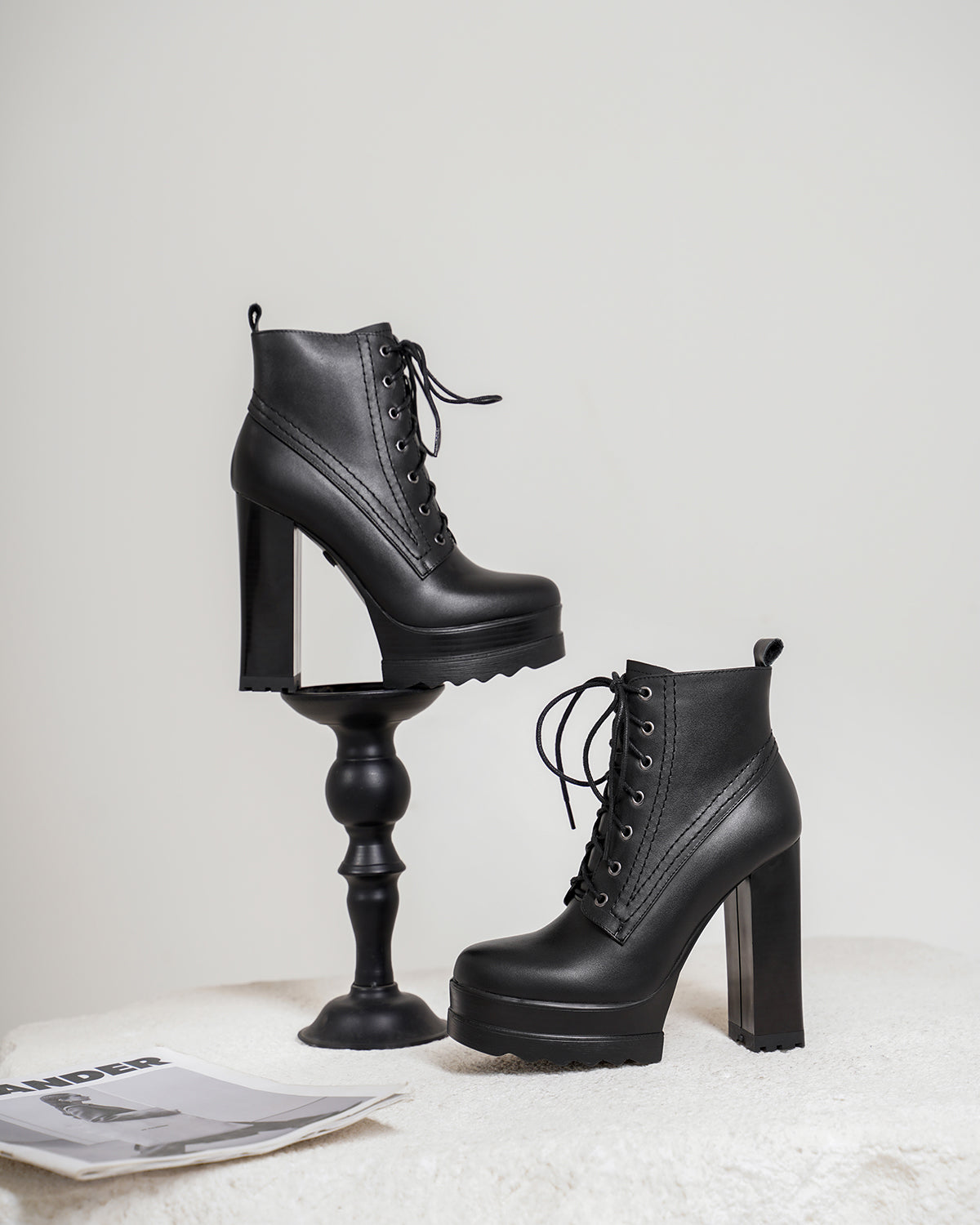 Nine Seven Genuine Leather Round Toe Handmade Lace Up Side Zipper High Chunky Heel Women's Cool Ankle Boots with Platform