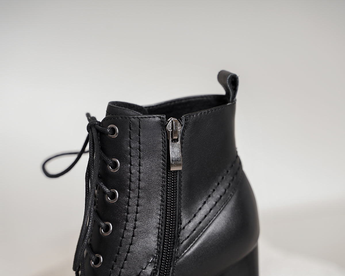 Nine Seven Genuine Leather Round Toe Handmade Lace Up Side Zipper High Chunky Heel Women's Cool Ankle Boots with Platform