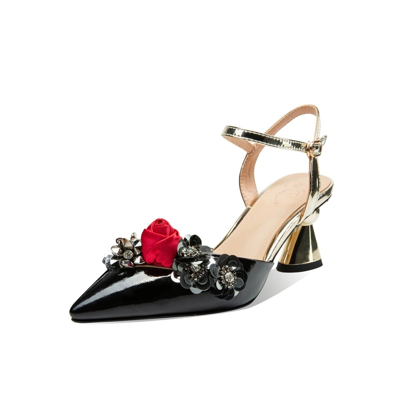 Nine Seven Women's Patent Leather Handmade Golden Mid Heel Buckle Sandals with Flowers Decor