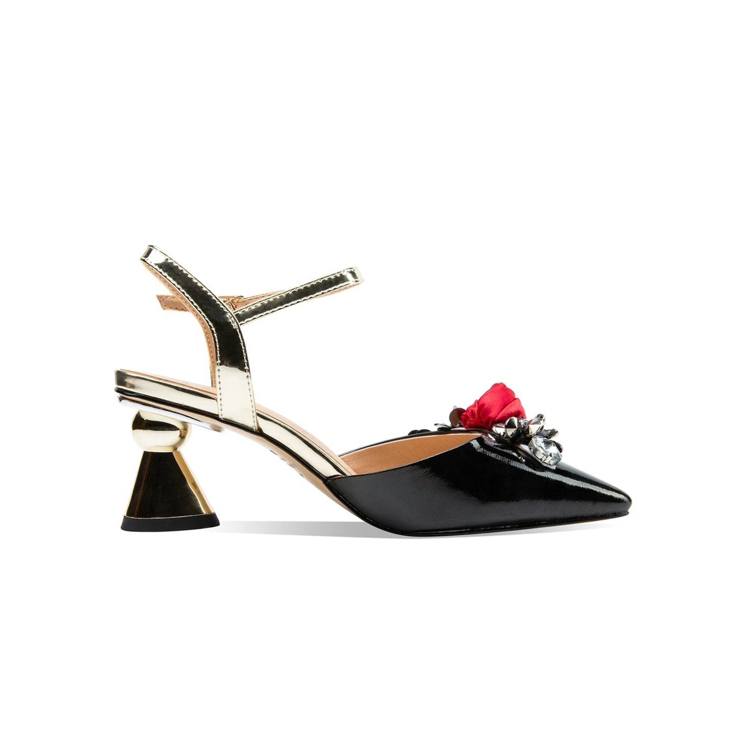 Nine Seven Women's Patent Leather Handmade Golden Mid Heel Buckle Sandals with Flowers Decor