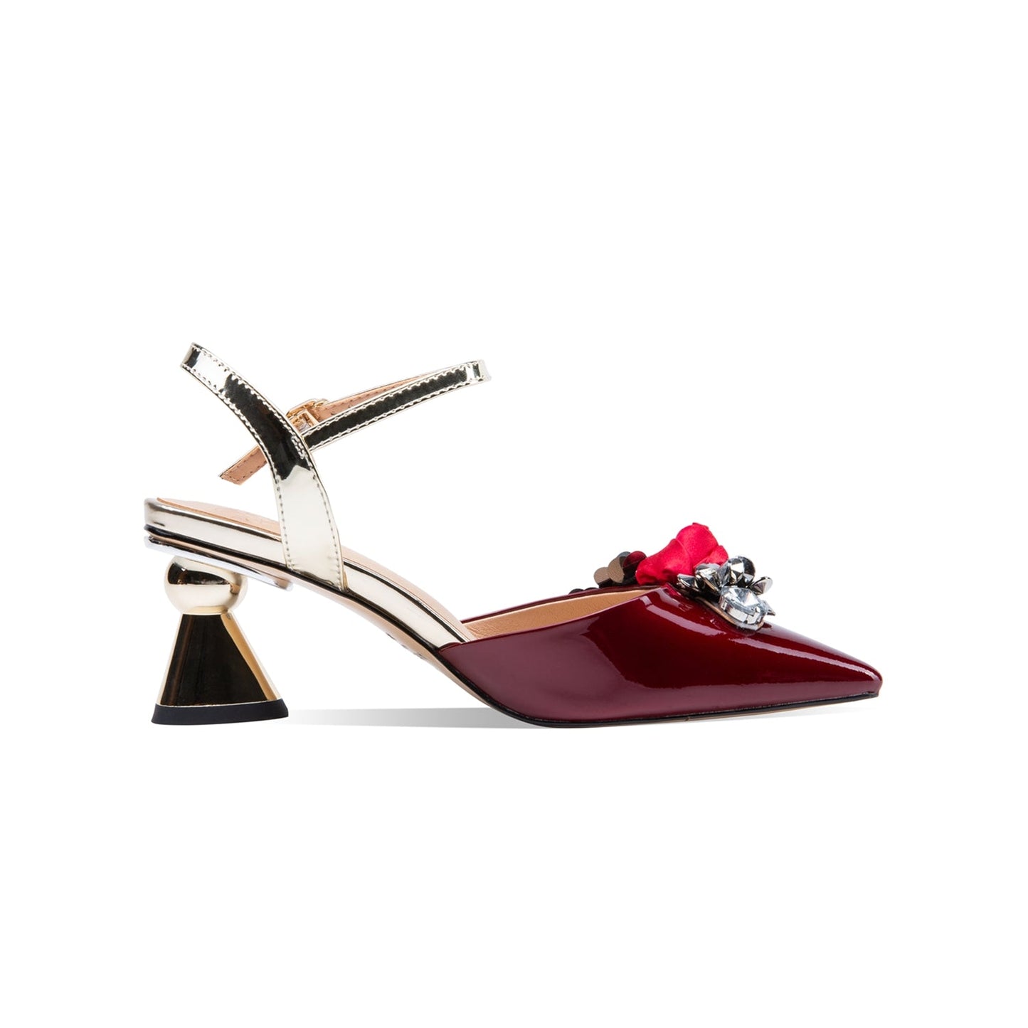 Nine Seven Women's Patent Leather Handmade Golden Mid Heel Buckle Sandals with Flowers Decor