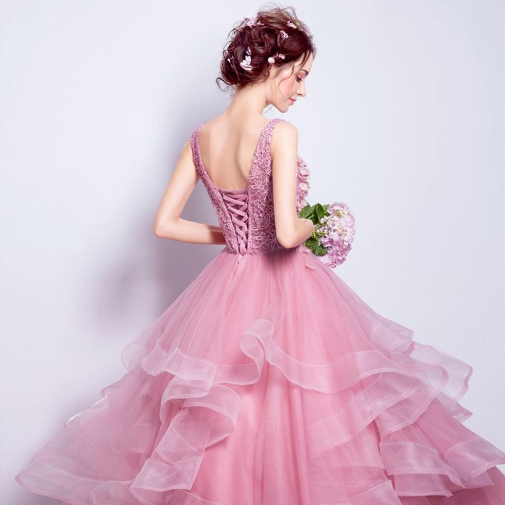 Nine Seven Princess Ruffle Pink Wedding Dresses for Bride Lace Up Bridal Gowns with Embroidery Flower