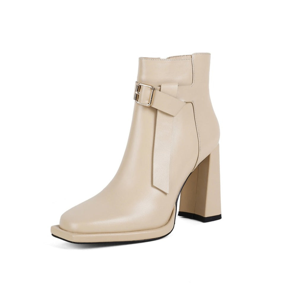 Nine Seven Women's Genuine Leather Square Toe Handmade Buckle Belt Side Zip Up Chic Ankle Boots with High Heel