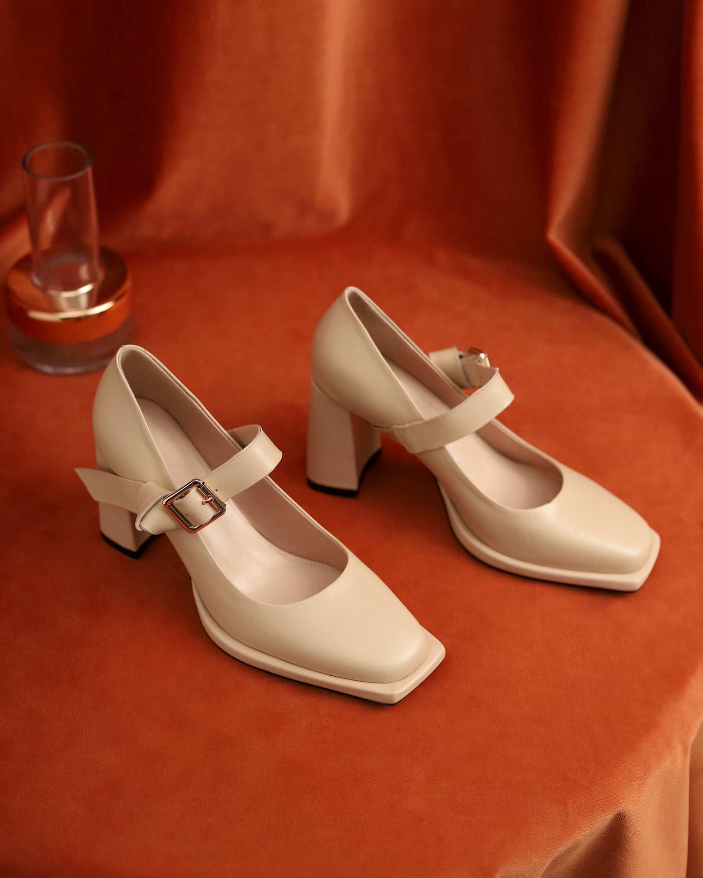 Nine Seven Women's Square Toe Genuine Leather Handmade Buckle High Chunky Heels Trendy Pumps Shoes